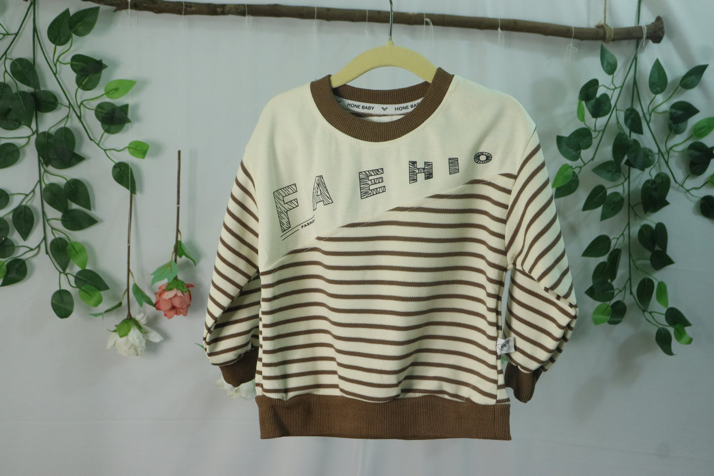 Round Neck SweatShirt with Stripes-brown-boys