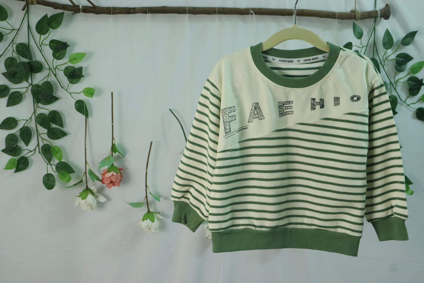 Round Neck SweatShirt with Stripes-green-boys