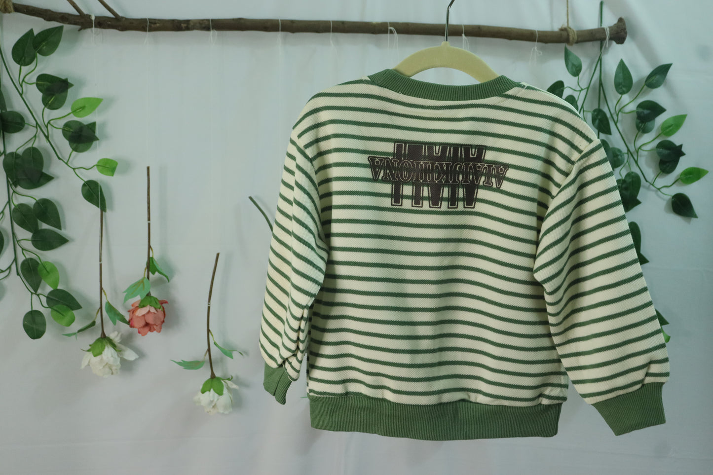 Round Neck SweatShirt with Stripes-green-boys