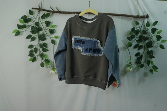 full sleeve T-Shirt with denim patch-gray-boys