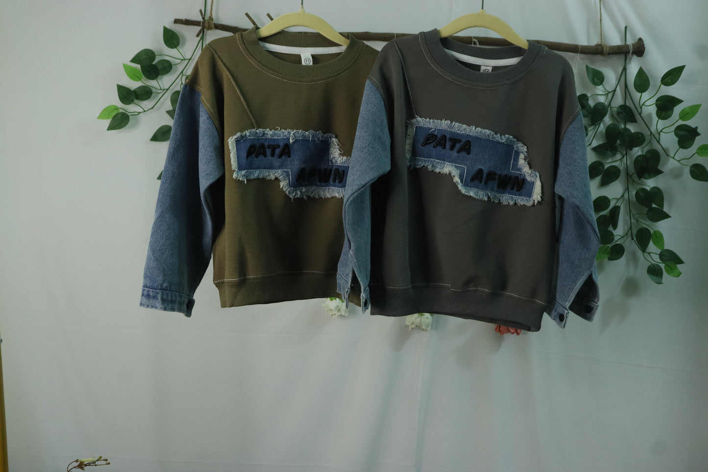 full sleeve T-Shirt with denim patch-gray-boys