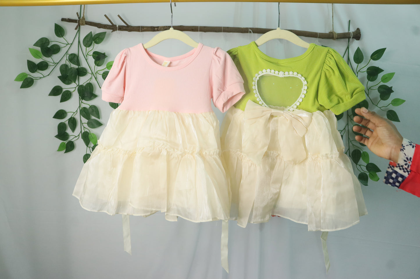 Organza frocks with netted heart detailing-green