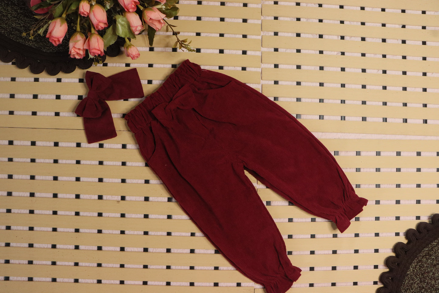 Cotton cord set with bow-maroon-girls