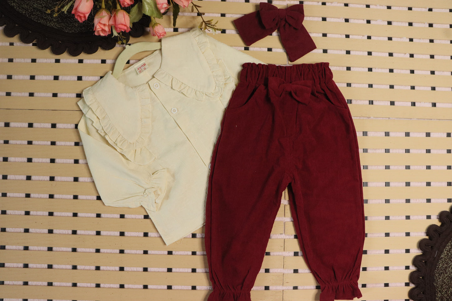 Cotton cord set with bow-maroon-girls